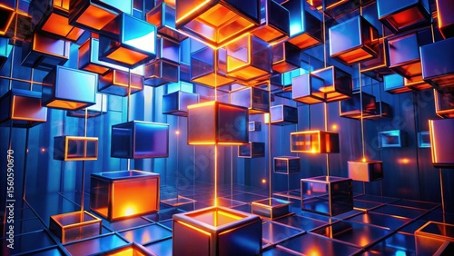 Abstract Composition of Glowing Cubes Suspended in a Dark Room with Reflective Surfaces and Vibrant Color Schemes