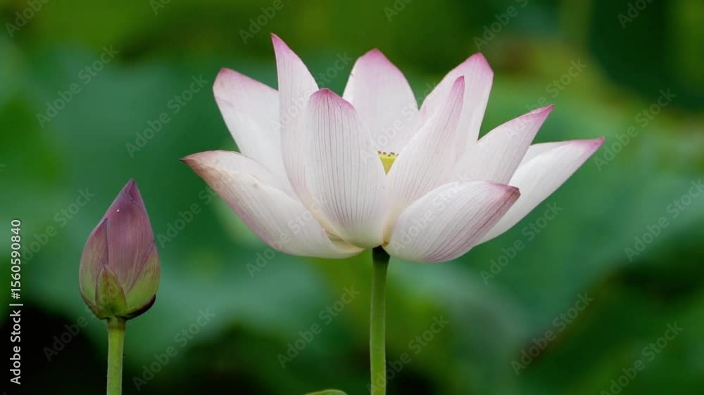 A pink and white lotus flower blooms next to a closed bud A pink and white lotus flower blooms next to a closed bud