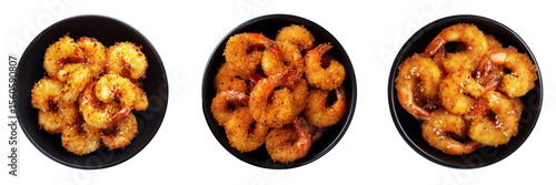 Panel kuchenny z motywem Set of Delicious golden fried shrimp in a modern black bowl top view isolated on a transparent background