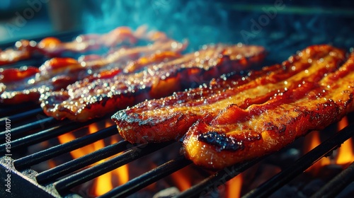 Wallpaper Mural Juicy strips of pork sizzling on the grill during a sunny afternoon barbecue in a backyard setting Torontodigital.ca