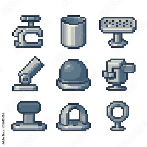 Marine Equipment Icons. Pixel art icon set of boat and marine cup mounts: pontoon rail clamp, stainless steel holder, drainage