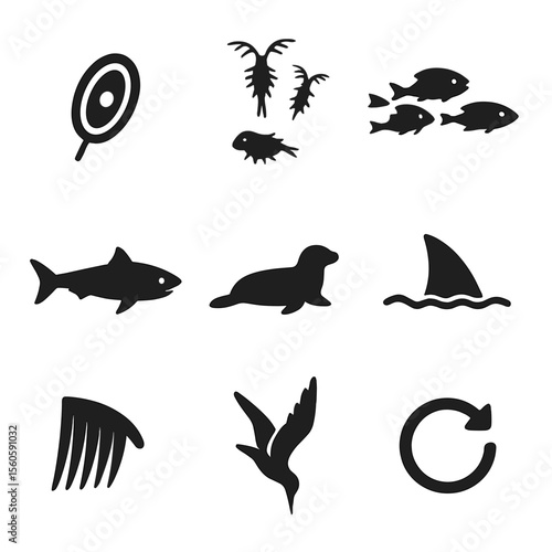 Marine Food Chain Icons. Flat icon set of marine food chain: phytoplankton cell, zooplankton group, small fish school, larger