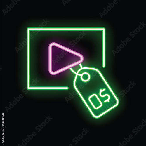 Neon sign representing a green price tag hanging on a video player icon, suggesting paid video streaming services