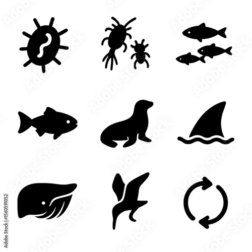 Marine Food Chain Icons. Solid, Filled icon set of marine food chain: phytoplankton cell, zooplankton group, small fish school,