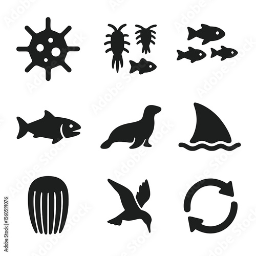 Marine Food Chain Icons. Solid, Filled icon set of marine food chain: phytoplankton cell, zooplankton group, small fish school,