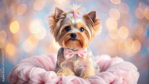 Wallpaper Mural A charming Yorkshire Terrier, adorned with a pink bow tie and hair accessory, sits serenely on a soft pink plush bed against a dreamy bokeh background. Torontodigital.ca