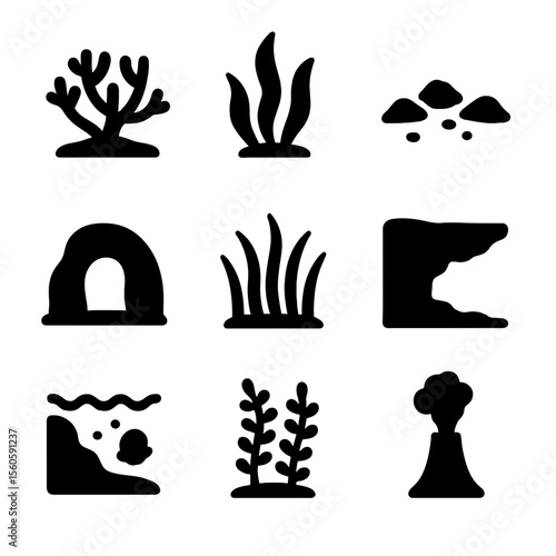 Marine Habitat Icons. Solid, filled icon set of marine animal habitats: coral colony, seaweed bed, sandy ocean floor, underwater