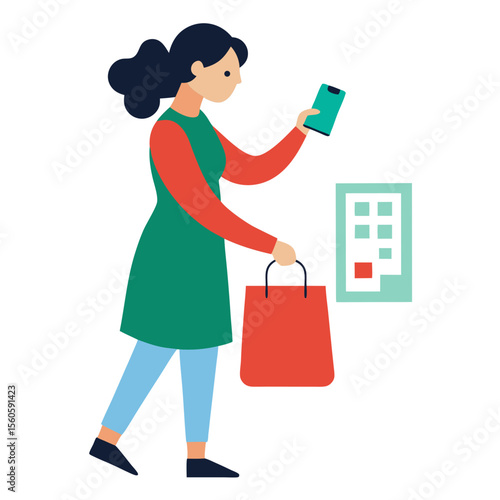 Woman with shopping bag and smartphone checks information on building directory