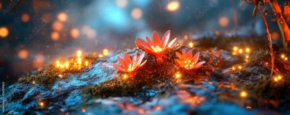 Fototapeta premium Glowing Lotus Flowers on Mossy Stone with Bokeh Lights, Fantasy , Nature