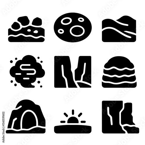 Martian Terrain Icons. Solid, filled icon set of Mars terrain features: rocky surface, craters, sand dunes, canyons, dust storm,