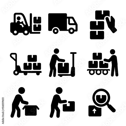 Material Handling Icons. Solid, filled icon set of material handling processes: loading, unloading, stacking, transporting,