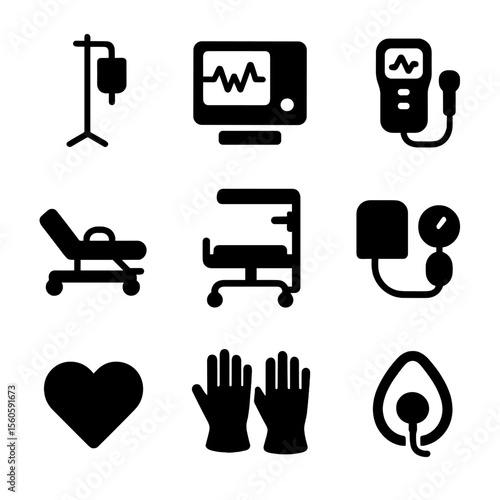 Maternity Hospital Icons. Solid, filled icon set of maternity hospital equipment: IV stand, monitor screen, fetal doppler,