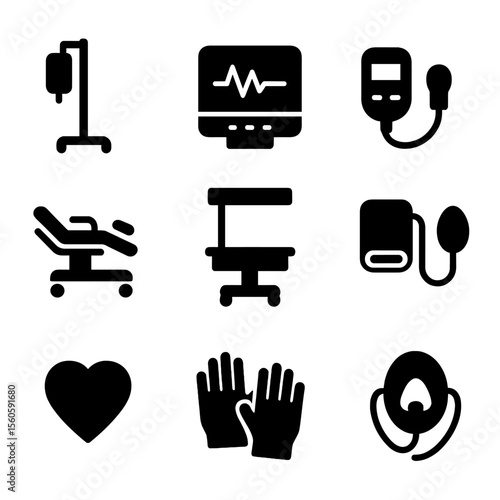 Maternity Hospital Icons. Solid, filled icon set of maternity hospital equipment: IV stand, monitor screen, fetal doppler,