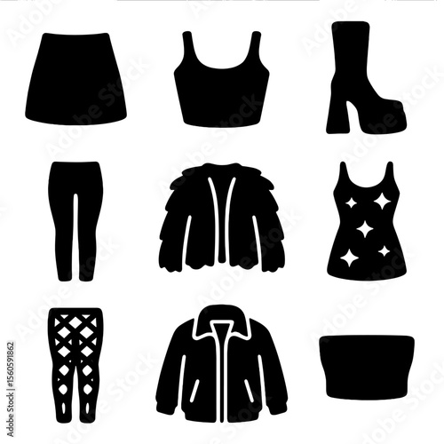 McBling Party Icons. Solid, filled icon set of McBling party outfits: mini skirt, crop top, platform boots, metallic leggings, fur
