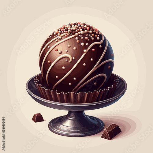 Elegant chocolate dessert ball topped with colorful sprinkles on a decorative stand