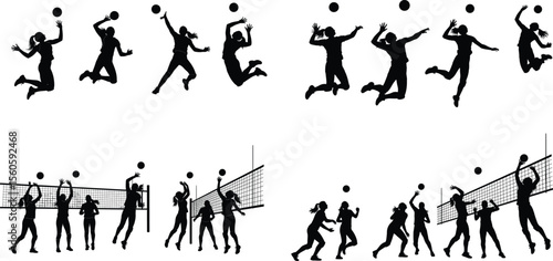 Dynamic Volleyball Players Silhouettes in Action Shots Displaying Jumping Serving and Teamwork Near the Net with Balls