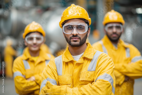 Group of Indian workers wearing uniforms and safety goggles in a chemical processing plant, industrial safety in focus, 