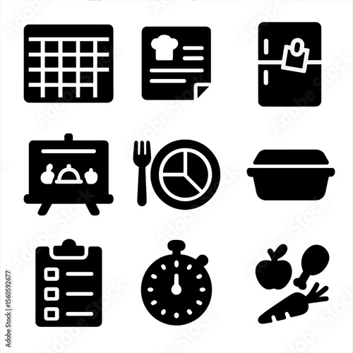 Meal Planning Icons. Solid, filled icon set of meal planning tools: weekly planner, recipe card, fridge magnet, chalkboard menu,