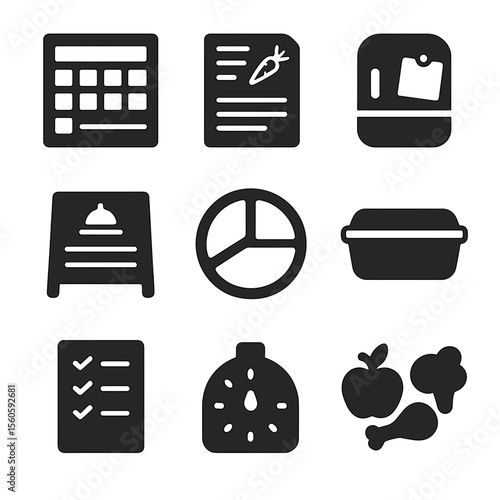 Meal Planning Icons. Solid, filled icon set of meal planning tools: weekly planner, recipe card, fridge magnet, chalkboard menu,