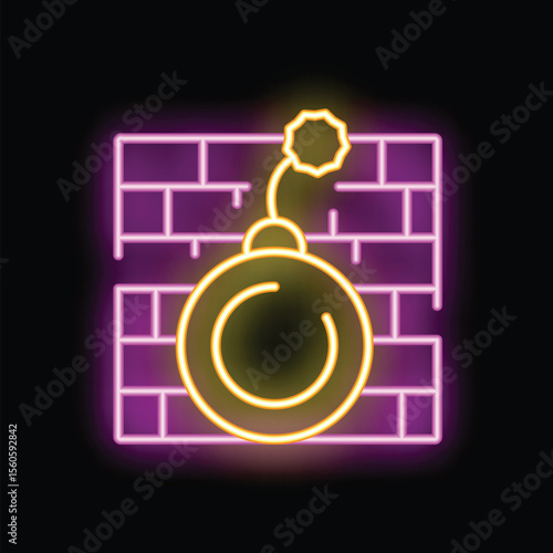 Neon glowing icon of a bomb hanging from a brick wall