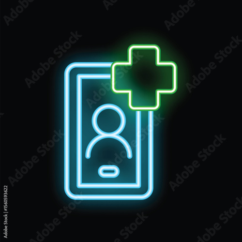 Glowing neon icon representing telemedicine and online medical services