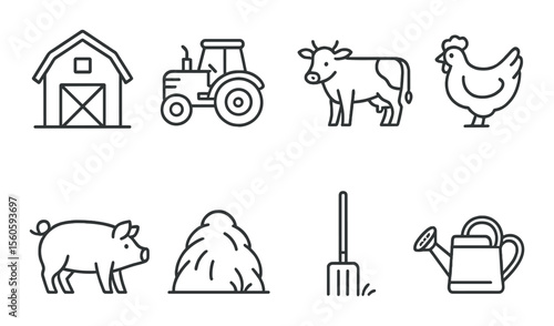 Farm life icons set – outline, simple and rural agriculture symbols for easy design