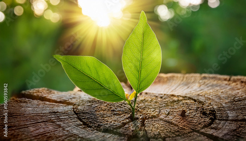 delicate new leaves unfurl on aged stump sunlight highlights vibrant green hues image leaf new