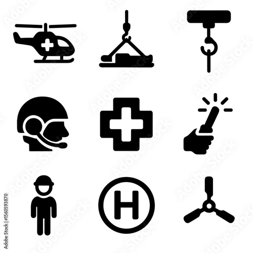 Medevac Operations Icons. Solid, filled icon set of helicopter medevac operations: medevac chopper, stretcher lift, winch system,