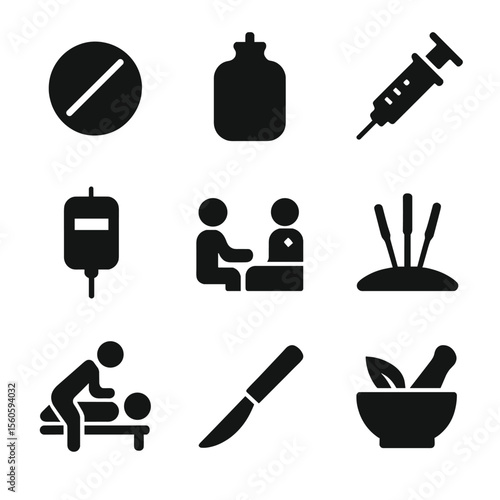 Medical Treatment Icons. Solid, filled icon set of treatment and relief: painkiller pill, heating pad, injection syringe, IV drip,