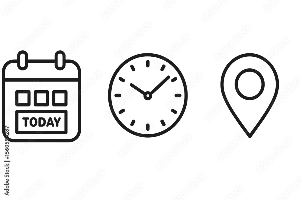 Calendar clock location icons on gray background vector icon isolated illustration Calendar clock location icons on gray background vector icon isolated illustration