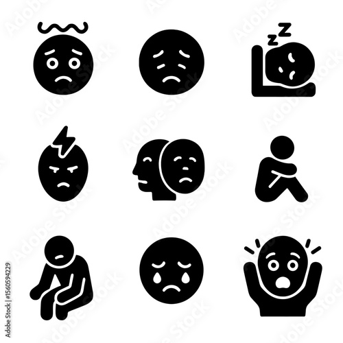 Mental Health Icons. Solid, filled icon set of mental health symptoms and signs: anxiety face, sad face, sleep disturbance,