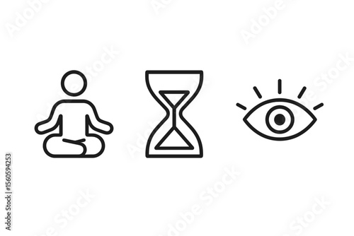 Meditation, time, and perception symbols on dark background vector icon isolated illustration