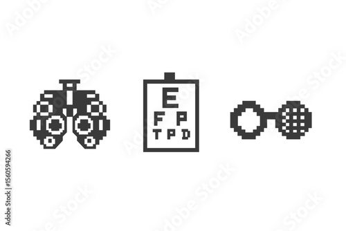 Pixel art eye exam tools: phoropter, snellen chart, retinoscope on gradient background vector icon isolated illustration
