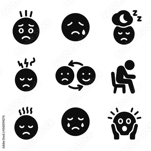Mental Health Icons. Solid, filled icon set of mental health symptoms and signs: anxiety face, sad face, sleep disturbance,