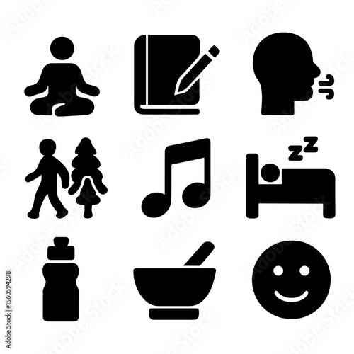Mental Wellness Icons. Solid, filled icon set of mental wellness activities: yoga pose, journal, breathing exercise, nature walk,