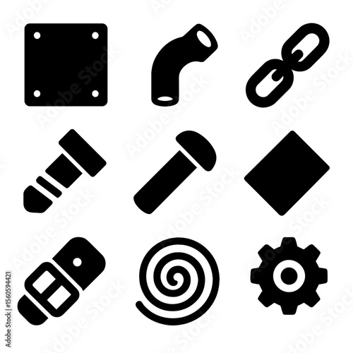 Metalwork Icon Set. Solid, filled icon set of metalwork and materials: brass plate, copper pipe, iron chain, steel bolt, rivet,