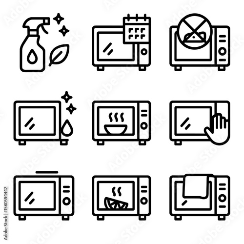 Microwave Cleaning Icons. Solid, filled icon set of Microwave cleaning tips: use natural cleaners, clean weekly, avoid abrasive