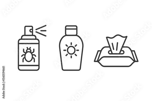 Vector icon set of insect repellent, sunscreen, and wet wipes vector icon isolated illustration