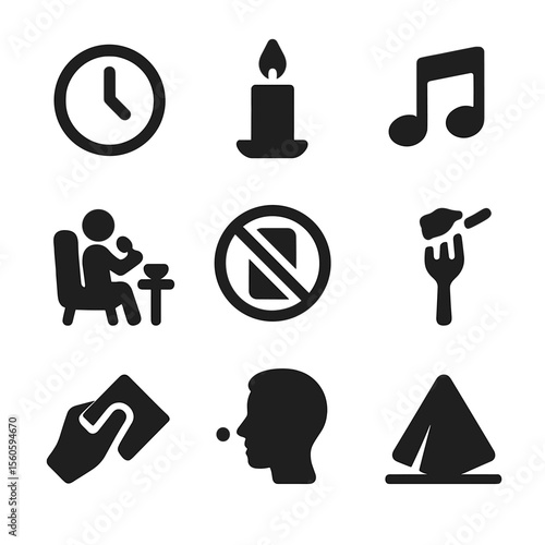 Mindful Meal Icons. Solid, filled icon set of slowing down at meals: clock, candle, soft music note, comfortable chair, relaxed