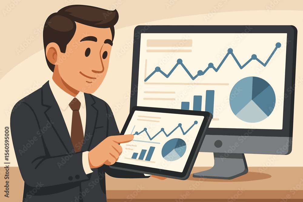 Businessman analyzing website traffic data on tablet and computer, vector illustration. Digital marketing analytics, growth chart, pie graph, business strategy, office workspace concept Businessman analyzing website traffic data on tablet and computer, vector illustration. Digital marketing analytics, growth chart, pie graph, business strategy, office workspace concept