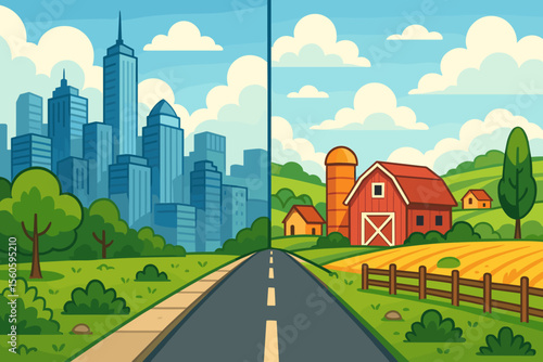 Urban Cityscape Versus Rural Countryside Contrast. Vector Cartoon Illustration of Modern Skyscrapers, Farmland, Barn, Road, Nature, Trees, Fields, Skyline, Farm Life, City Life, Landscape