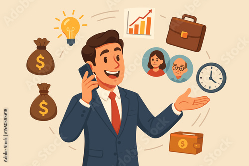 Successful entrepreneur multitasking business responsibilities. Cartoon businessman juggling money, time, ideas, teamwork, finance, growth, management, leadership, productivity vector illustration