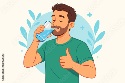 Cartoon man drinking water from glass, promoting hydration, healthy lifestyle, wellness, daily routine, positive habits, thumbs up, self-care, health concept, vector illustration
