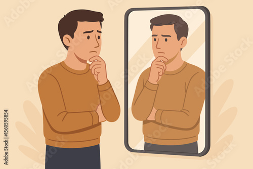 Thoughtful young man reflecting on self in mirror, introspection and personal assessment concept, vector cartoon illustration of self-reflection and inner contemplation