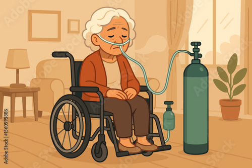 Elderly Woman with COPD Receiving Home Oxygen Therapy in Wheelchair, Medical Care and Respiratory Support Concept, Senior Health Vector Cartoon Illustration