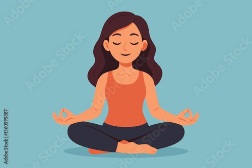 Wallpaper Mural Peaceful woman meditating in lotus yoga pose, mindfulness and relaxation, calm female practicing meditation, wellness and mental health, vector cartoon illustration on blue background Torontodigital.ca