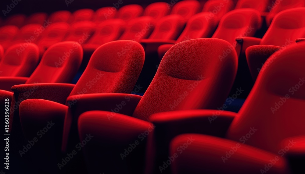 Obraz premium Empty Red Chairs In A Cinema Theater: A Low-Key Photograph Showcasing The Unoccupied Seats With A Striking Red Color.