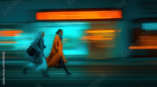 Two women walking quickly past city lights at night