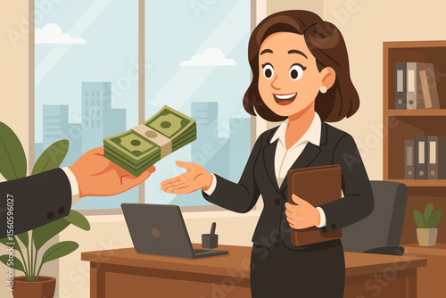 Successful businesswoman receiving salary payment in modern office, happy professional woman accepting cash money, business finance transaction, workplace vector illustration