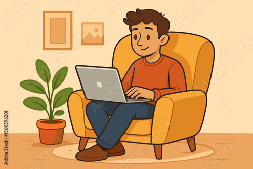Cozy home workspace concept. Young man sitting in yellow armchair using laptop for remote work, online study, or freelance. Modern living room interior with plant. Vector cartoon illustration.
